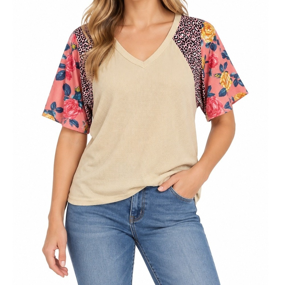 Floral Blooming Waffle Knit Top Women Large Cream Floral Leopard Boho Casual
